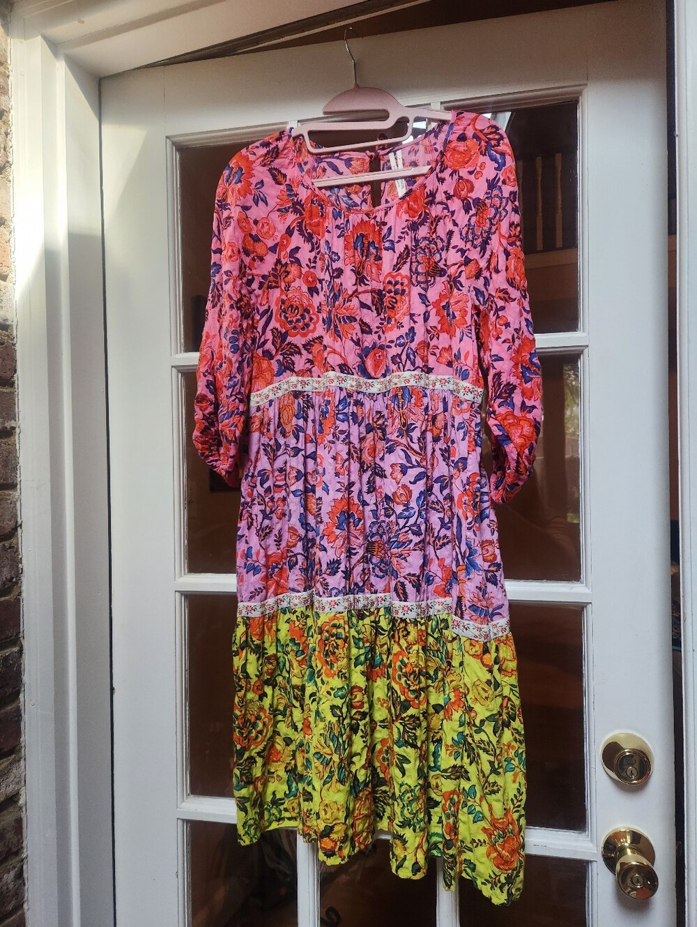 Anthropologie India cotton women's dress, 3/4 length sleeves, size small